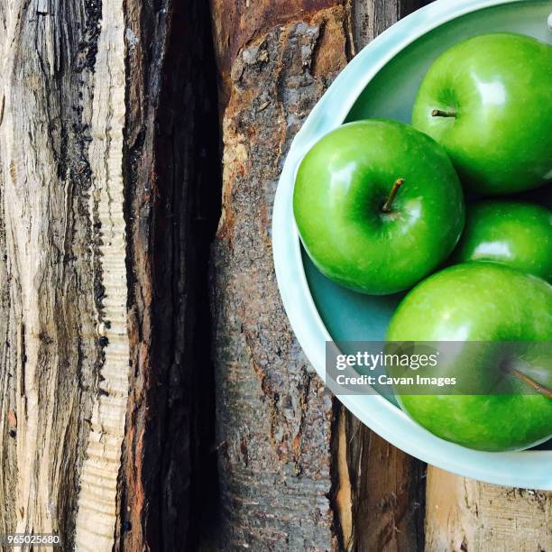 overhead view of granny smith apples in plate on broken table - granny smith stock pictures, royalty-free photos & images
