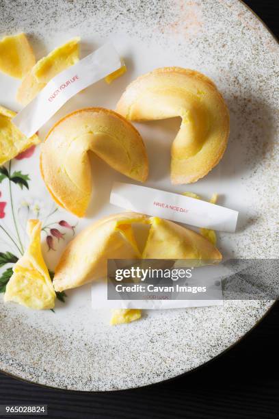 high angle view of fortune cookies with messages in plate on table - fortune cookie stock pictures, royalty-free photos & images