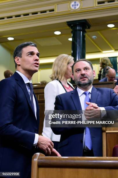 Leader of the Spanish Socialist Party PSOE, Pedro Sanchez and Socialist MP's Jose Luis Abalos arrive for a debate on a no-confidence motion at the...