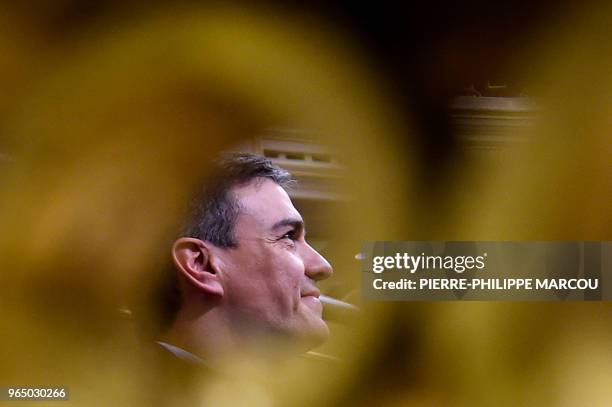 Leader of the Spanish Socialist Party PSOE, Pedro Sanchez attends a debate on a no-confidence motion at the Lower House of the Spanish Parliament in...