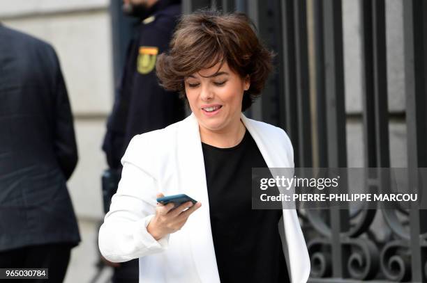 Spanish deputy prime minister and Minister of the Presidency and of the Regional Administrations Soraya Saenz de Santamaria arrives for a debate on a...