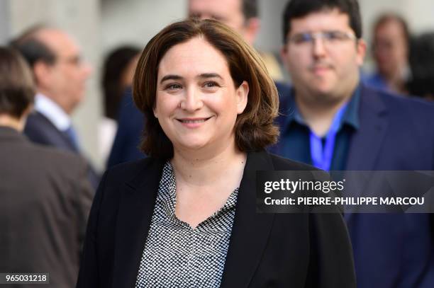 Mayor of Barcelona Ada Colau arrives to attend a debate on a no-confidence motion at the Lower House of the Spanish Parliament in Madrid on June 01,...