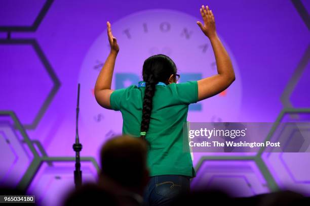 Snehal Choudhury exalts at spelling cantal correctly at the 91st Scripps National Spelling Bee is being held at the Gaylord National Resort &...