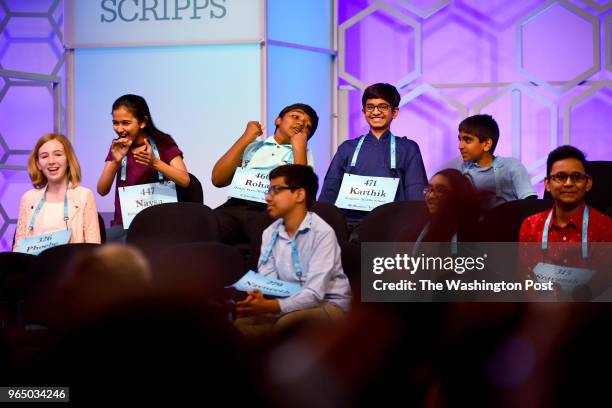 These spellers reacts as they find out they are finalists at the 91st Scripps National Spelling Bee is being held at the Gaylord National Resort &...