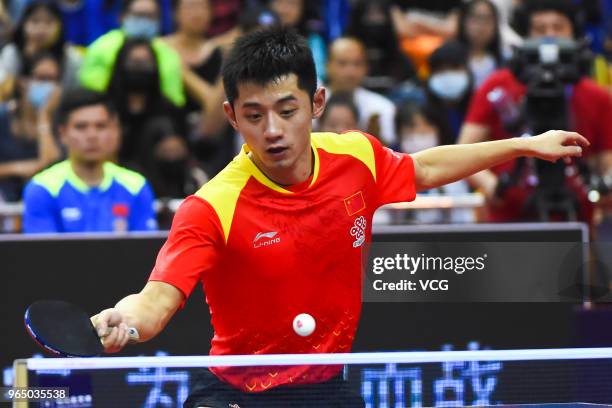 Zhang Jike of China competes in the Men's Singles first round match against Tomokazu Harimoto of Japan during day two of the 2018 ITTF World Tour...