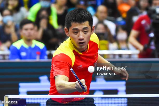 Zhang Jike of China competes in the Men's Singles first round match against Tomokazu Harimoto of Japan during day two of the 2018 ITTF World Tour...