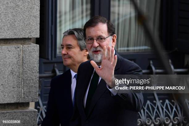 Spanish Prime Minister Mariano Rajoy arrives for a debate on a no-confidence motion at the Lower House of the Spanish Parliament in Madrid on June...