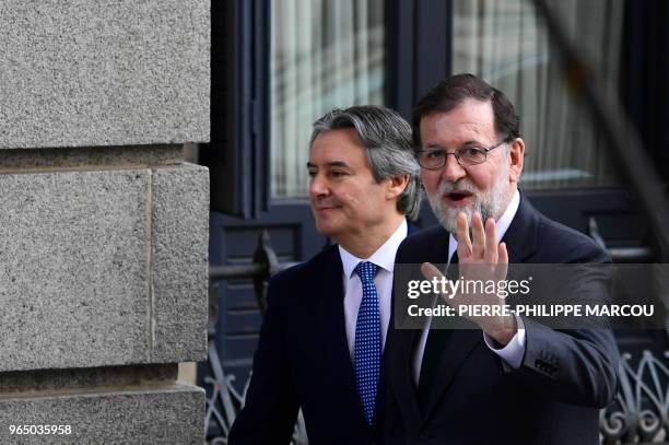 Spanish Prime Minister Mariano Rajoy arrives for a debate on a no-confidence motion at the Lower House of the Spanish Parliament in Madrid on June...