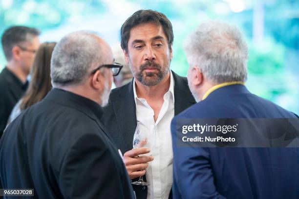 Alex de la Iglesia, Javier Bardem and Pedro Almodovar attends to solidary encounter to raise funds for Open Arms Foundation in Madrid, Spain. May 31,...