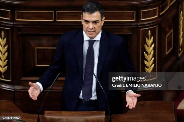 Leader of the Spanish Socialist Party PSOE Pedro Sanchez gives a speech during a debate on a no-confidence motion at the Lower House of the Spanish...