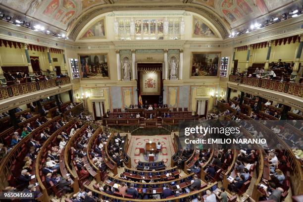 General view taken during a debate on a no-confidence motion at the Lower House of the Spanish Parliament in Madrid on June 01, 2018. - Bar any...
