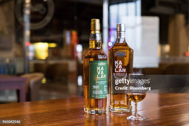 Bottles of Kavalan whisky are arranged for a photograph at the Kavalan Single Malt Whisky distillery in Yilan County, Taiwan, on Thursday, Jan. 25,...