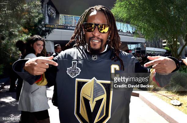 Rapper Lil Jon poses before performing at Toshiba Plaza outside T-Mobile Arena before Game One of the 2018 NHL Stanley Cup Final between the...