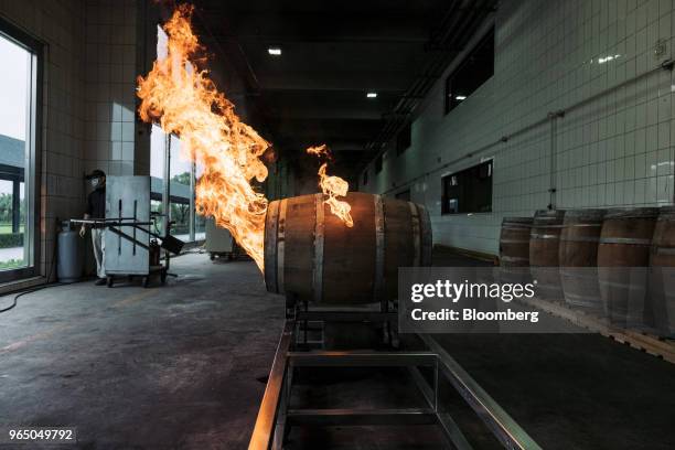 Flame burns as a cask is charred at the Kavalan Single Malt Whisky distillery in Yilan County, Taiwan, on Thursday, Jan. 25, 2018. Kavalan is the...