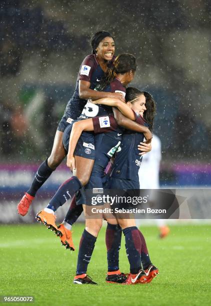 Ashley Lawrence of Paris, Grace Geyoro of Paris, Erika Cristiano Dos Santos of Paris and Eve Perisset of Paris celebrate victory during the Women's...
