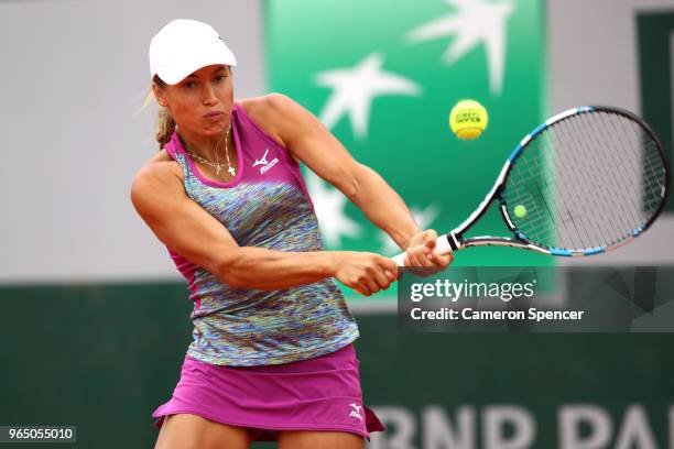 Yulia Putintseva of Kazhakstan plays a backhand during the ladies singles third round match against Qiang Wang of China during day six of the 2018...