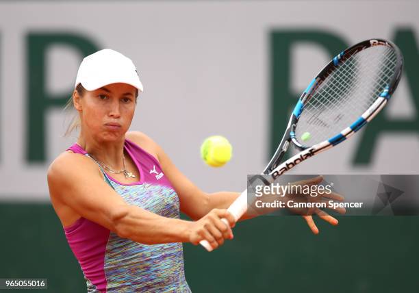 Yulia Putintseva of Kazhakstan plays a backhand during the ladies singles third round match against Qiang Wang of China during day six of the 2018...