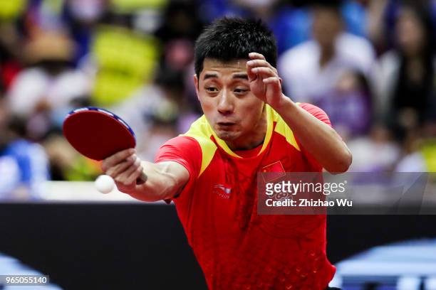 Zhang Jike of China in action at the men's singles match compete with Harimoto Tomokazu of Japan during the 2018 ITTF World Tour China Open on June...