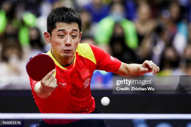 Zhang Jike of China in action at the men's singles match compete with Harimoto Tomokazu of Japan during the 2018 ITTF World Tour China Open on June...