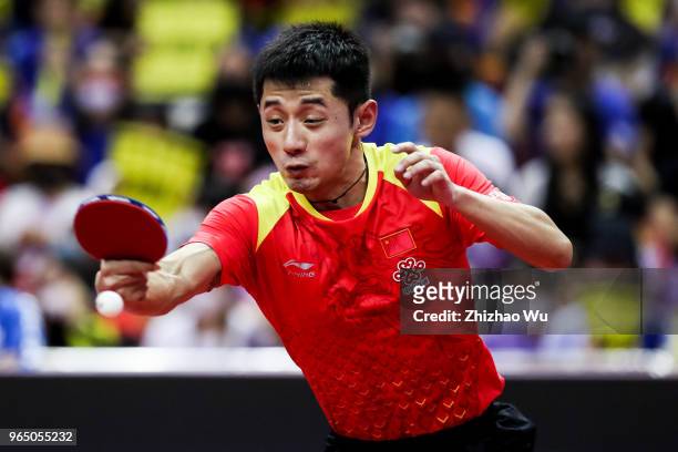 Zhang Jike of China in action at the men's singles match compete with Harimoto Tomokazu of Japan during the 2018 ITTF World Tour China Open on June...