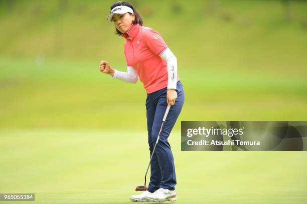 Shiho Oyama of Japan celebrates after making her birdie putt on the 3rd hole during the first round of the Yonex Ladies at Yonex Country Club on June...