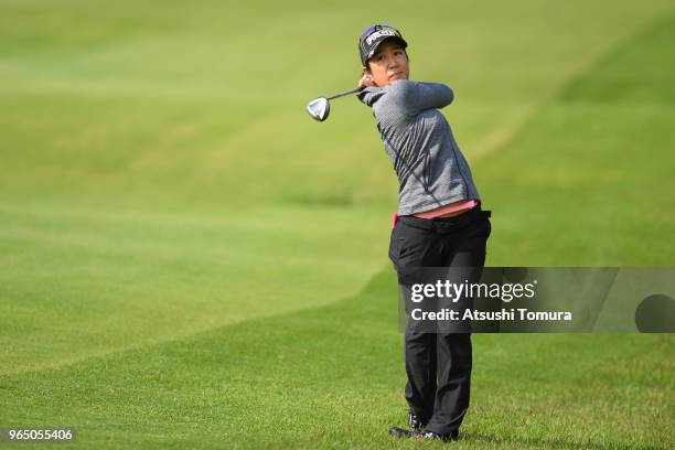 Asako Fujimoto of Japan hits her second shot on the 1st hole during the first round of the Yonex Ladies at Yonex Country Club on June 1, 2018 in...