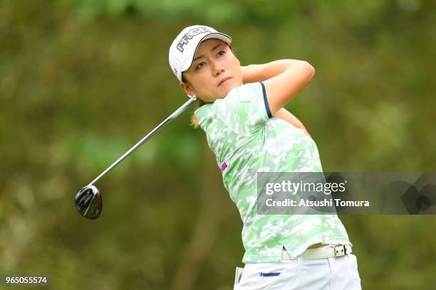 Erina Hara of Japan hits her tee shot on the 4th hole during the first round of the Yonex Ladies at Yonex Country Club on June 1, 2018 in Nagaoka,...