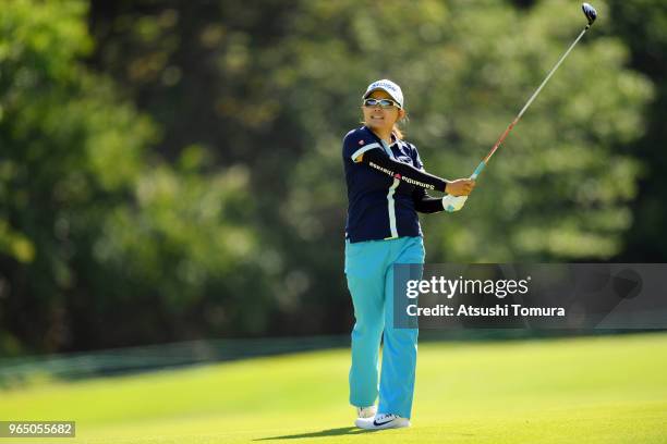 Minami Katsu of Japan hits her second shot on the 18th hole during the first round of the Yonex Ladies at Yonex Country Club on June 1, 2018 in...