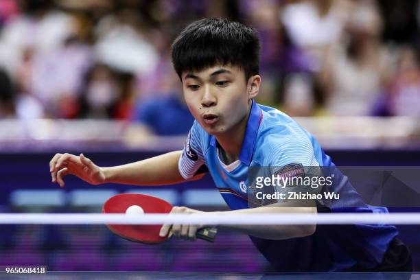 Lin Yun-Ju of Chinese Taipei in action at the men's singles match compete with Ma Long of China during the 2018 ITTF World Tour China Open on June 1,...