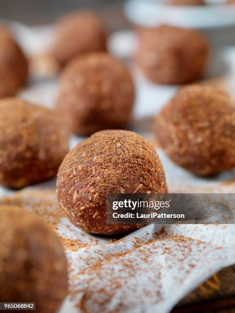 gluten free, cocoa and coconut energy bites - theobroma imagens e fotografias de stock