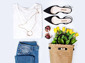 Women's spring summer basic outfit. Apparels flat composition