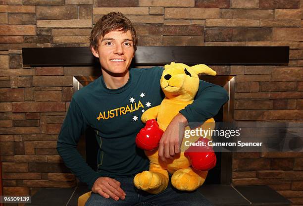 Australian cross-country skier Ben Sim poses with the boxing kangaroo at an Australian Olympic team fitting session on February 8, 2010 in Vancouver,...