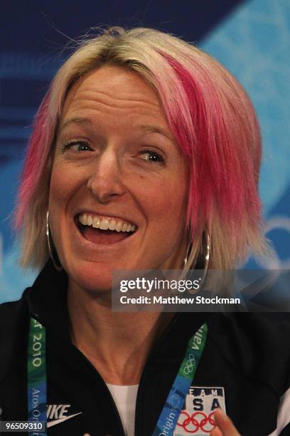 Shannon Bahrke of USA speaks to the media during the United States Olympic Committee Freestyle Skiing Moguls Team Press Conference at the Main Press...