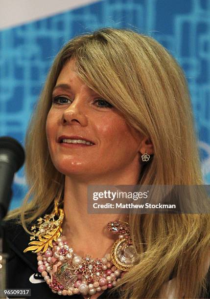 Michelle Roark of USA speaks to the media during the United States Olympic Committee Freestyle Skiing Moguls Team Press Conference at the Main Press...