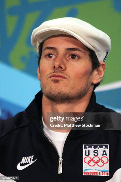 Michael Morse of USA speaks to the media during the United States Olympic Committee Freestyle Skiing Moguls Team Press Conference at the Main Press...