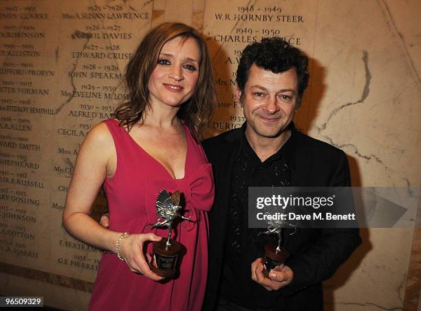 Anne-Marie Duff with her Best Actress Award and Andy Serkis with his Best Actor Award attend the London Evening Standard British Film Awards 2010, at...