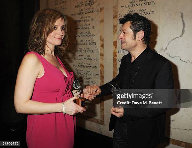 Anne-Marie Duff with her Best Actress Award and Andy Serkis with his Best Actor Award attend the London Evening Standard British Film Awards 2010, at...