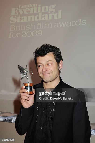 Andy Serkis with his Best Actor Award attend the London Evening Standard British Film Awards 2010, at The London Film Museum on February 8, 2010 in...