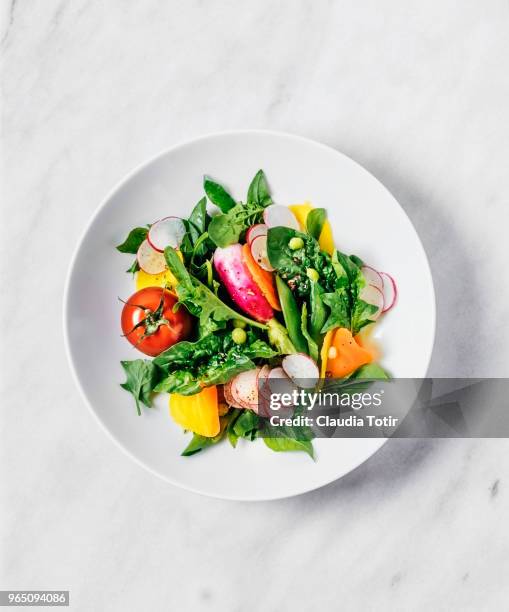 fresh salad - overhead view food stock pictures, royalty-free photos & images