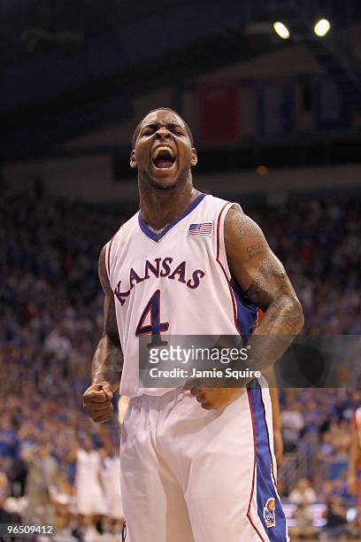 Sherron Collins of the Kansas Jayhawks reacts on the court during the game against the Nebraska Cornhuskers on February 6, 2010 at Allen Fieldhouse...
