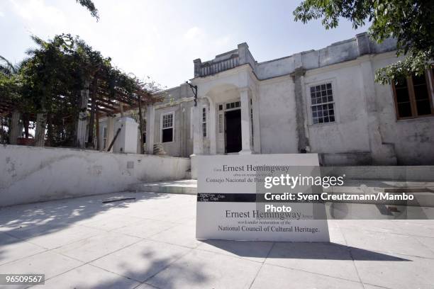 Sign reads: Ernest Hemingway house, work under construction of the National Council of Cultural Heritage at the Finca Vigia, on March 29, 2006 in...