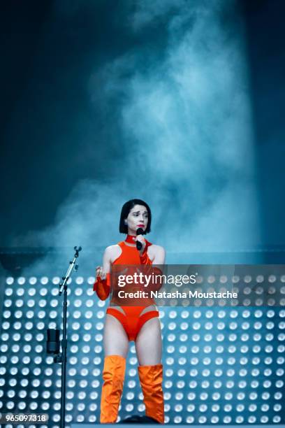 St Vincent performs during day 2 of 2018 Boston Calling Music Festival at Harvard Athletic Complex on May 26, 2018 in Boston, Massachusetts.