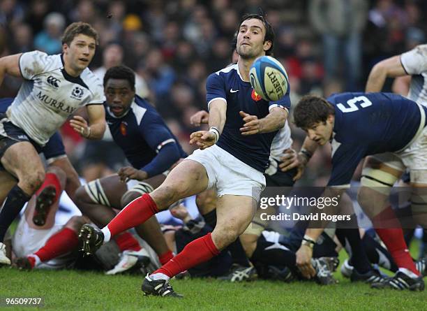 Morgan Parra of France releases the ball during the RBS Six Nations Championship match between Scotland and France at Murrayfield Stadium on February...
