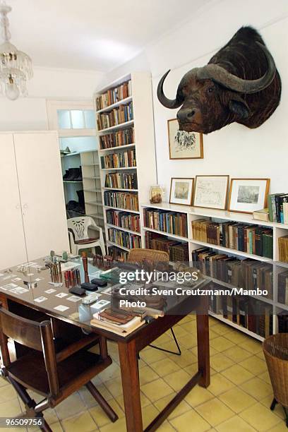 Hunting trophy of a buffalo hangs over the desk of Hemingway, in the Ernest Hemingway�s house at the Finca Vigia, on November 11, 2002 in Havana,...