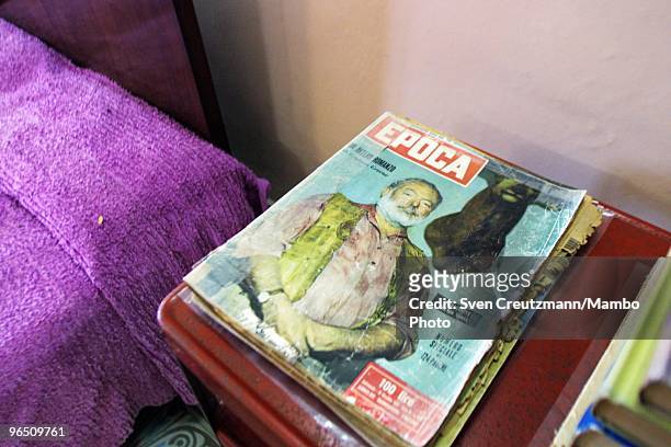 An edition of the Epoca magazine bearing the photo of Ernest Hemingway, lies next to Hemingway�s bed in the Ernest Hemingway house at the Finca...