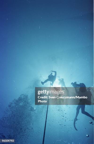 International judges surround Cuban free-diver Jorge Mario Garcia during his successful attempt to break the world-record in Apnea diving, by...