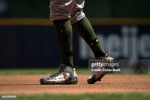 Detail view of the Nike cleats worn by Jose Martinez of the St. Louis Cardinals during the game against the Milwaukee Brewers at Miller Park on May...