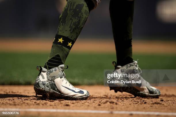 Detail view of the Nike cleats worn by Jose Martinez of the St. Louis Cardinals during the game against the Milwaukee Brewers at Miller Park on May...