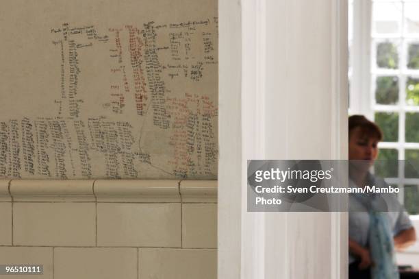 Handwritten notices on the bathroom wall marking the daily weigh of Ernest Hemingway, in his house at the Finca Vigia, on January 6, 2007 in Havana,...