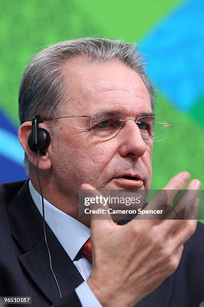 President Jacques Rogge speaks during a Press Conference at the Main Press Centre ahead of the Vancouver 2010 Winter Olympics on February 8, 2010 in...